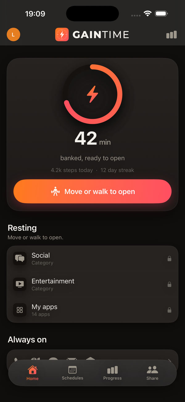 GAINTIME home screen: 42 minutes banked, ready to open, with a Move or walk to open button